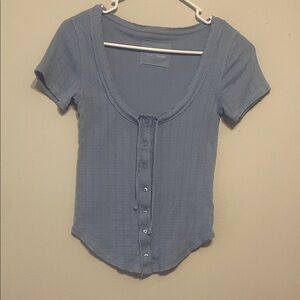 aerie Light Blue Ribbed Scoop Button-Front Top